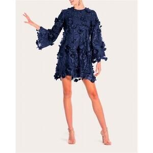 Mestiza Flora 3D Lace Midnight Blue Flare Long Sleeve Mini Dress Size Large